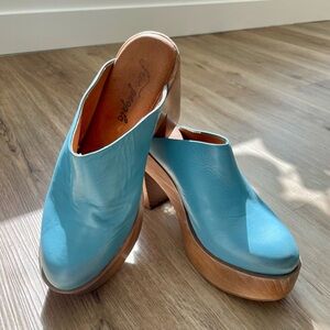 Free People Teal Leather Wooden Platform Clogs
